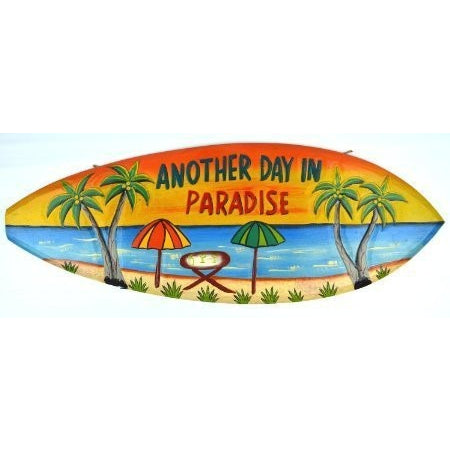 Hand Carved Wooden ANOTHER DAY IN PARADISE Cocktails Drinking BEACH Surfboard Sign - Tropically Inclined