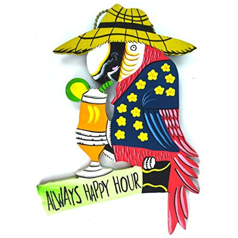 Hand Carved Wooden ALWAYS HAPPY HOUR Cocktails Parrot Drinking BEACH Sign - Tropically Inclined