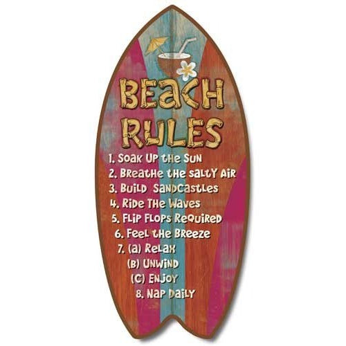 Weathered Tropical Beach Rules Mini Surfboard Plaque Home Décor Accent 11" Sign - Tropically Inclined