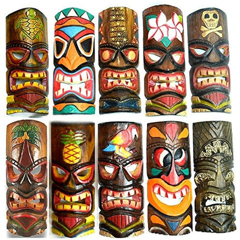 SET OF 10 HAND CARVED POLYNESIAN HAWAIIAN TIKI STYLE MASKS 12 IN TALL - Tropically Inclined