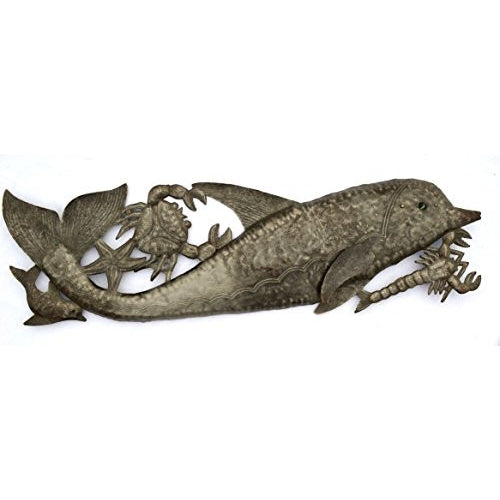 Dolphin Sealife Wall Art, Beach, Ocean, Sculpture, Recycled Steel Barrel, Haiti, Metal, 33" x 10" - Tropically Inclined
