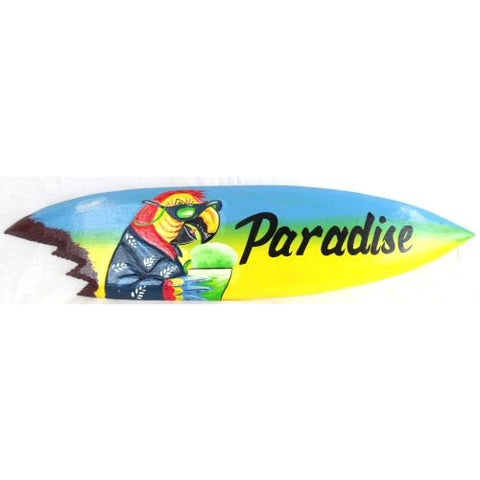 Hand Carved Wood Paradise Surfboard Sign Parrot Head Drinking - Tropically Inclined
