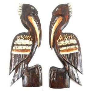 2 HAND CARVED SET OF BROWN WOOD PELICANS WALL ART HANG ON WOOD PILING, TROPICAL NAUTICAL DECOR - Tropically Inclined