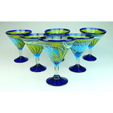Mexican Margarita/Martini Glasses and Pitcher set with dispaly rack, Hand Blown, Hand Painted, Blue with Fish in the Sea design - Tropically Inclined