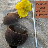 Natural Coconut Cups for Hawaiian Tiki and Luau Party Theme for Adults | Tropical Eco Friendly Drink Ware for Your Tiki Bar Decorations | Pack Of 4 With Hibiscus Flowers and Straws