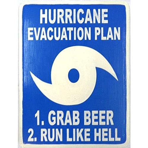 Hand Carved Wooden HURRICANE EVACUATION PLAN, GRAB BEER RUN LIKE HELL Sign - Tropically Inclined