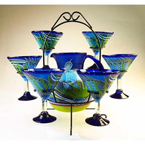 Mexican Margarita/Martini Glasses and Pitcher set with dispaly rack, Hand Blown, Hand Painted, Blue with Fish in the Sea design - Tropically Inclined