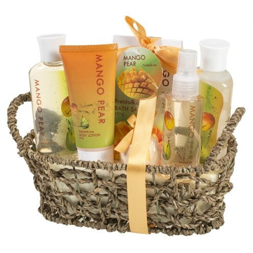 Mango Pear Spa Gift Set Woven Antique Basket,Shower Gel, Bubble bath,Bath Salt,Body Lotion, Body Spray, Bath Fizzer - Tropically Inclined