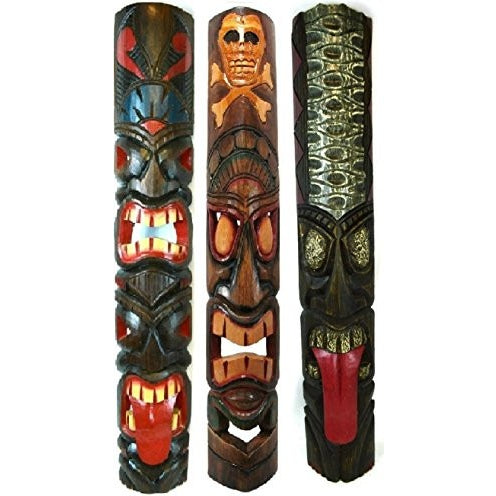 40 IN HAND CARVED BEAUTIFUL SET OF 3 POLYNESIAN TIKI GOD TRIBAL MASKS TONGUE TWO FACE TEETH - Tropically Inclined