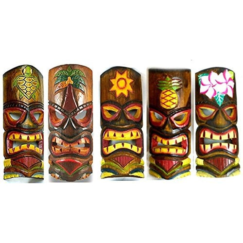SET OF 5 HAND CARVED POLYNESIAN HAWAIIAN TIKI STYLE MASKS 12 IN TALL turtle pineapple colorful flower parrot - Tropically Inclined
