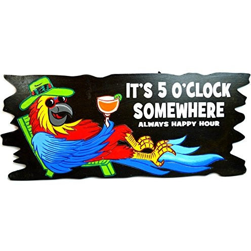 Handmade PARROT IN CHAIR WITH COCKTAIL IN HAND IT'S 5 O'CLOCK SOMEWHERE ALWAYS HAPPY HOUR Wood Beach Sand Tiki Bar Sign - Tropically Inclined