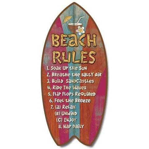 Weathered Tropical Beach Rules Mini Surfboard Plaque Home Décor Accent 11" Sign - Tropically Inclined