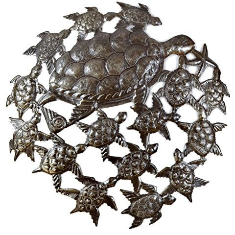 Sea Turtles, Ocean Art, Handmade in Haiti, Recycled Metal Wall Art 23.5&quot; X 23.5&quot; - Tropically Inclined
